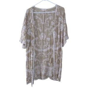 Solitaire L Ivory Embroidered Kimono Floral Crochet Boho Duster Cardigan Coverup